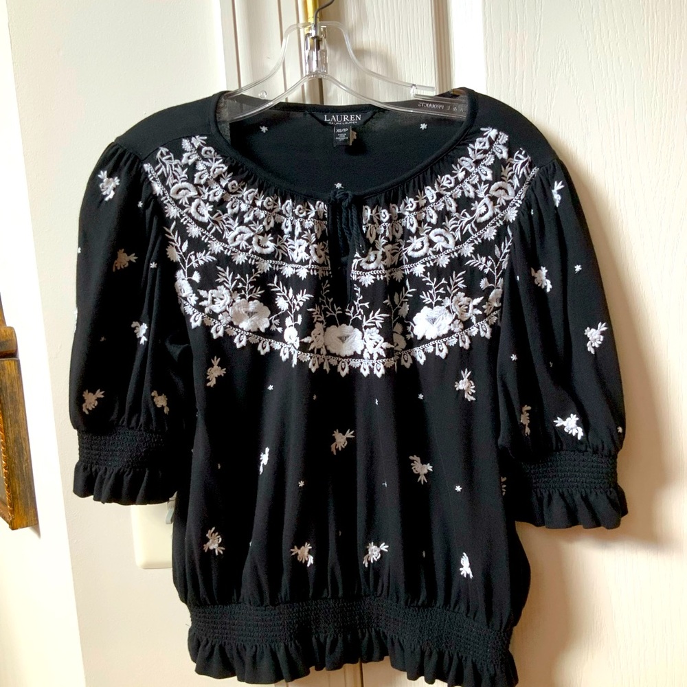 LAUREN RALPH LAUREN BLACK EMBROIDERED PEASANT JERSEY NECK TIE BLOUSE TOP